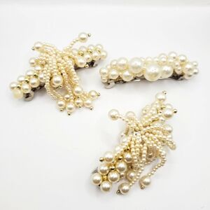 3 Vintage Faux Pearl Silver-White Cluster Hair Barrette Clip
